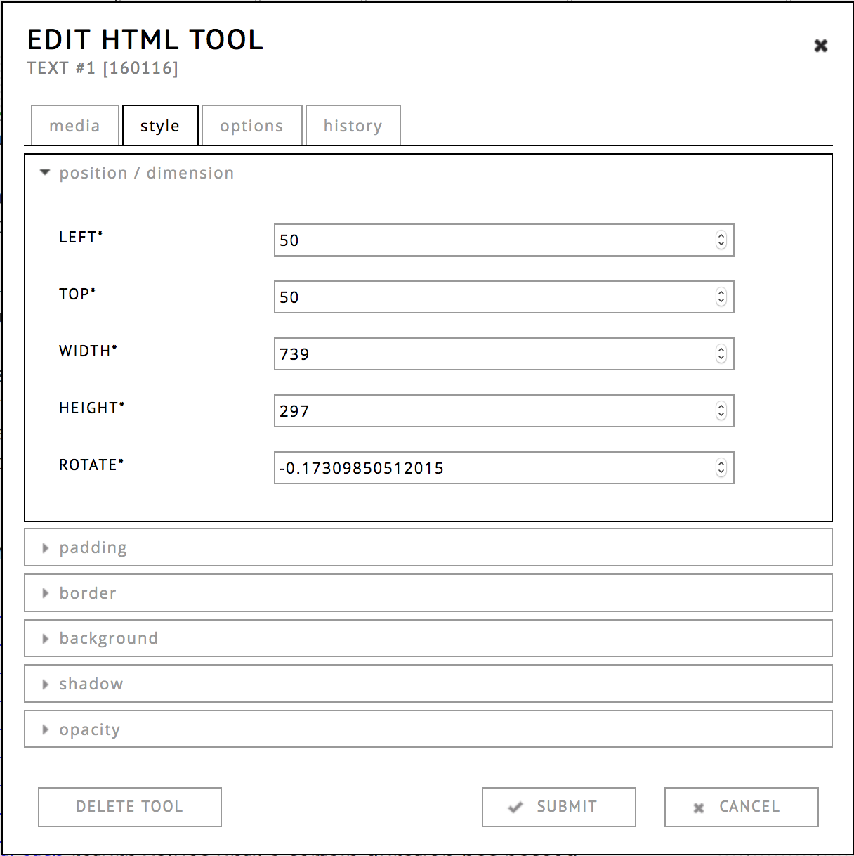 the style tab of an html tool