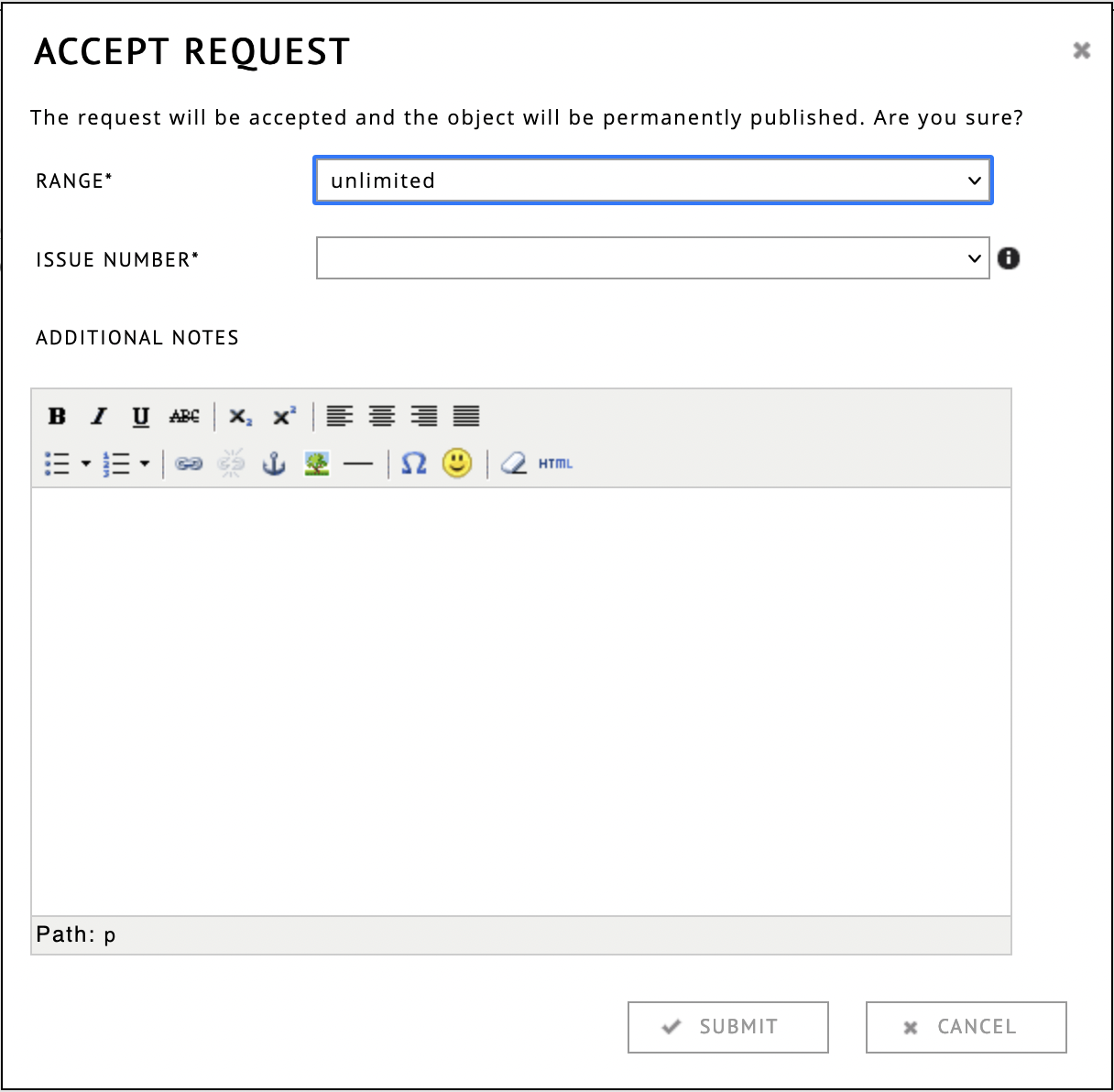 Dialog for accepting the publication request