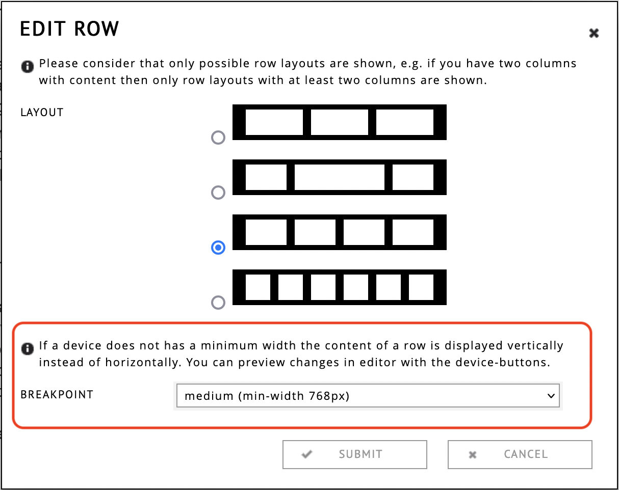 The row settings dialog, showing the breaking point dropdown