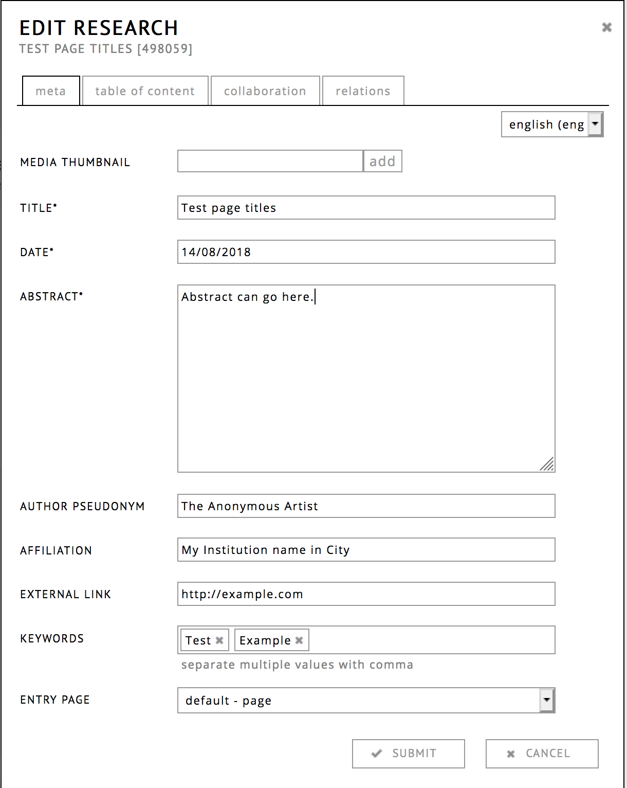 Edit research dialog, showing meta page