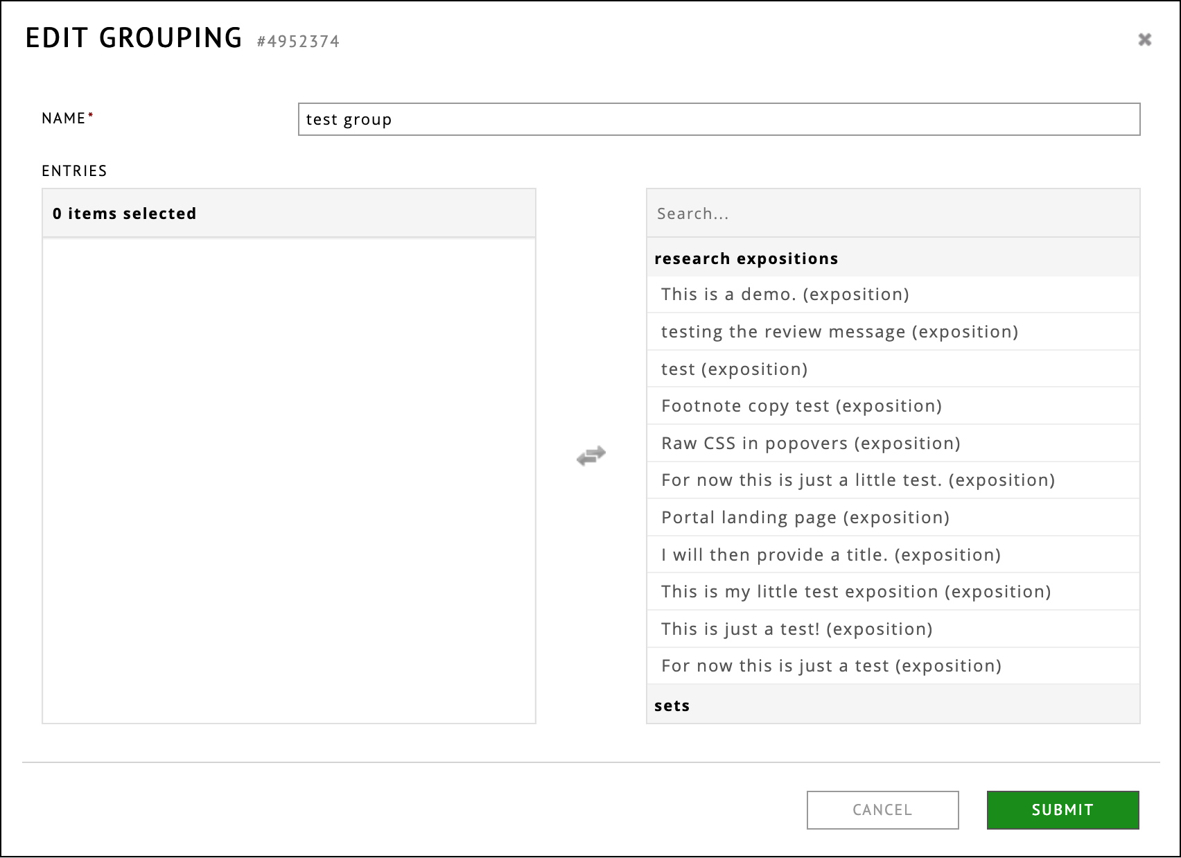 edit group dialog: here you can directly select which expositions should be part of the group