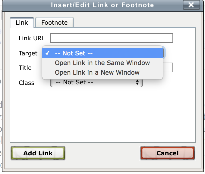 Hyperlink dialog window