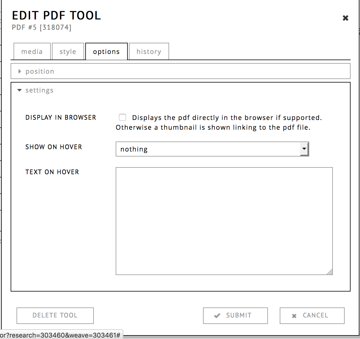 Extra settings dialog of pdf tool