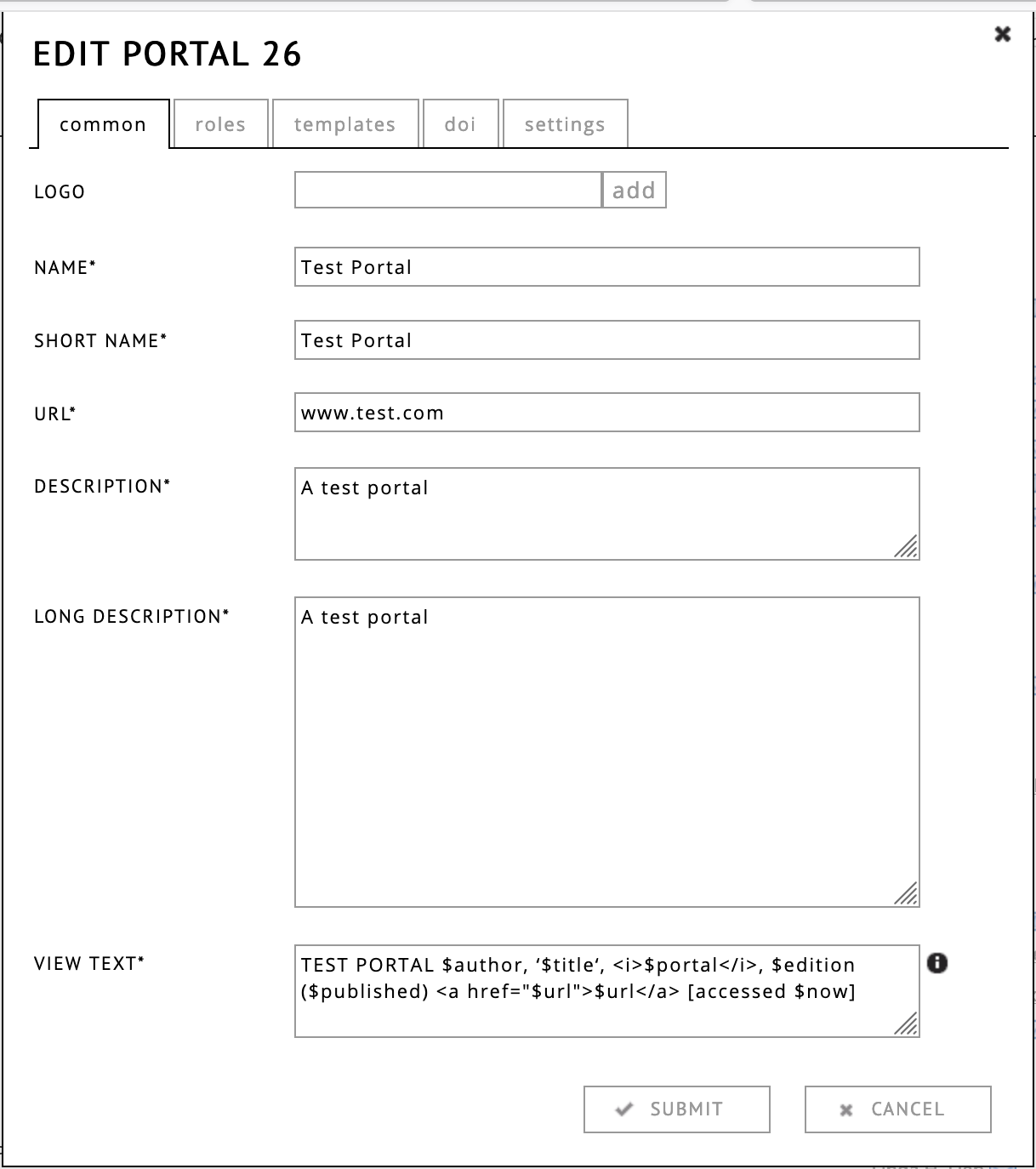 portal edit common screen