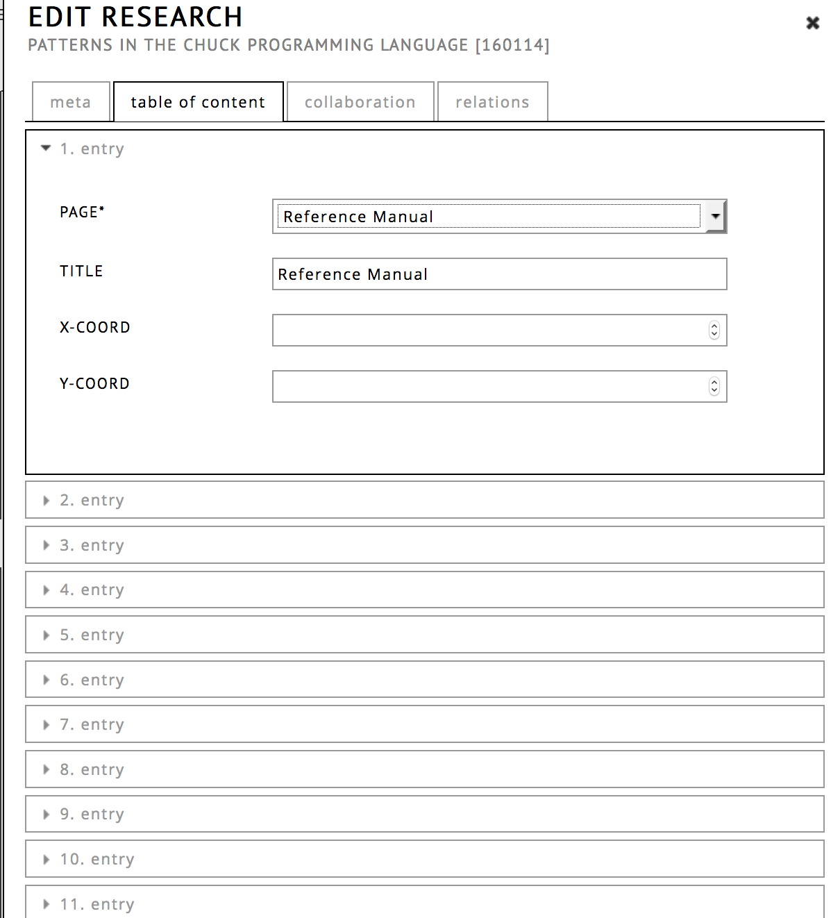 Table of content dialog