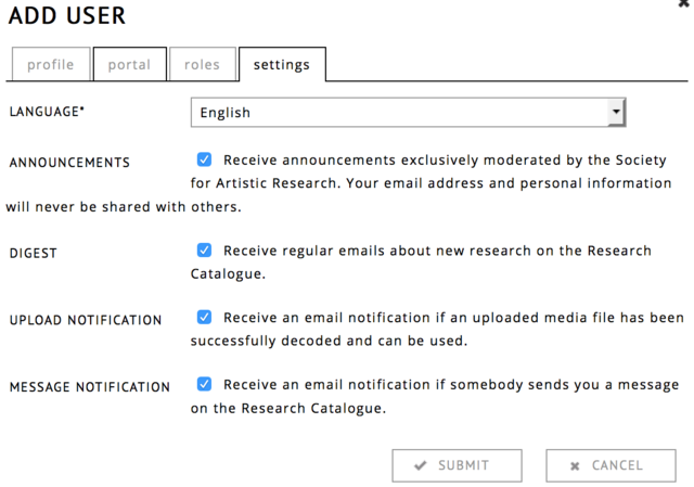 user email settings dialog